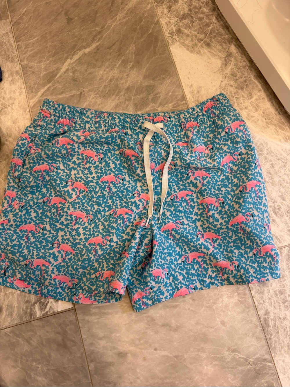 chubbies Aqua Swim Trunks with Pink Flamingo Pattern